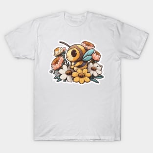 Honey Bee on Colorful Floral Pattern T-Shirt